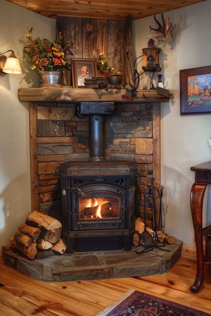 a wood burning stove in a living room