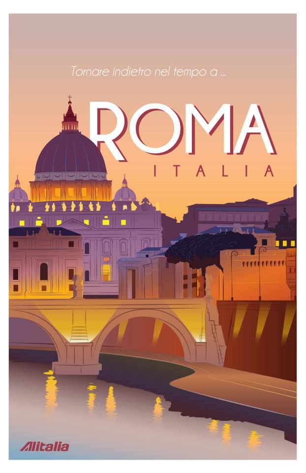 a poster with the words roma in italian and an image of a bridge over water