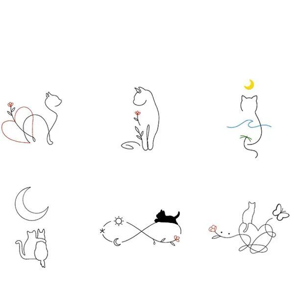 an image of cats that are drawn in different colors and sizes on paper with the same line