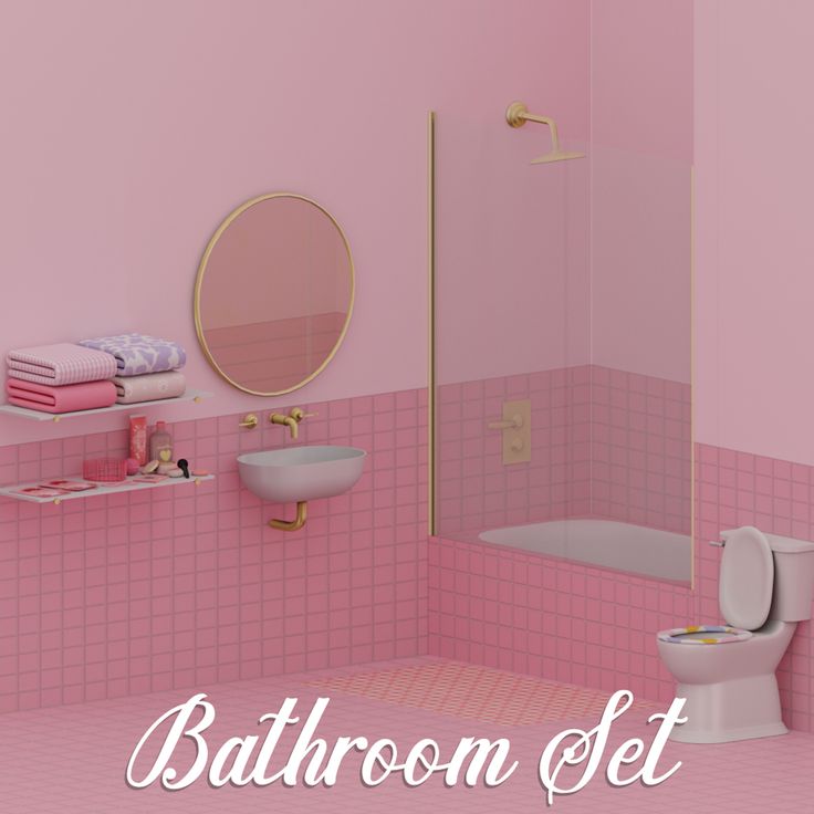 a bathroom with pink walls and tile flooring is featured in this ad for bath room set