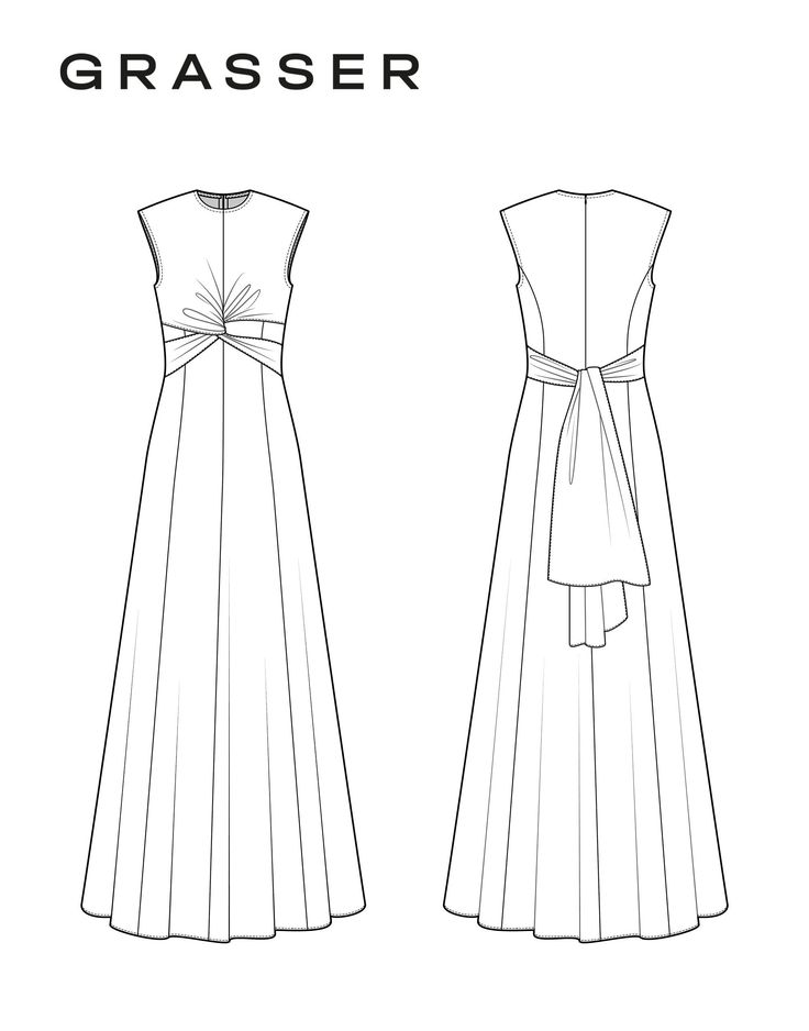 the front and back view of a dress with an attached sash, designed by grasser