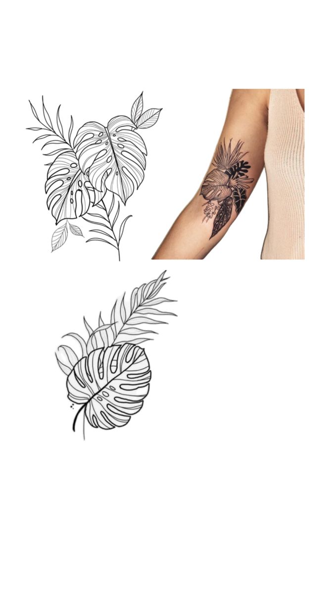 two tattoos with leaves and flowers on them