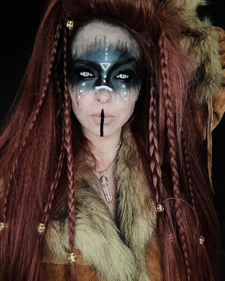 Evil Sorceress Makeup, Viking Warrior Face Paint, Witch Makeup Scary, Nordic Witch Makeup, Woodland Witch Makeup, Viking Women Makeup, Pagan Makeup Witch, Viking Witch Makeup, Pagan Witch Costume