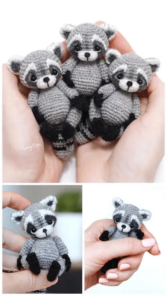 crocheted raccoon stuffed animals are shown in three different pictures, one is gray and the other is black