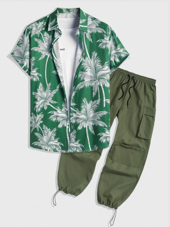 Coconut Tree Printed Shirt And Cargo Pant - Grafton Collection Casual Tropical Print Sets For Vacation, Casual Summer Green Set, Summer Hawaiian Shirt With Pockets And Relaxed Fit, Casual Green Sets With Pockets, Summer Sets With Pockets And Short Sleeves, Casual Summer Sets With Tropical Print, Casual Tropical Print Summer Set, Casual Summer Tropical Print Sets, Casual Cotton Bottoms With Tropical Print