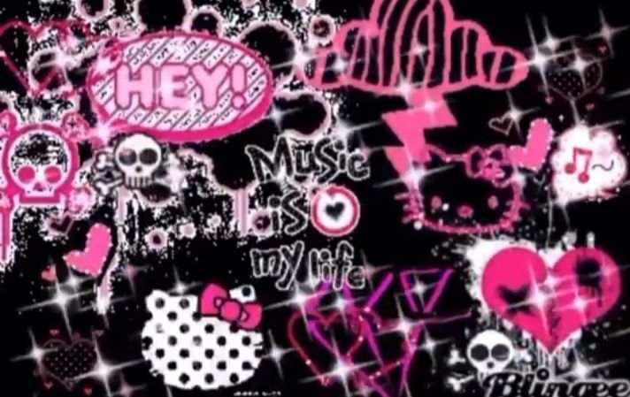 pink and black wallpaper with hello kitty images