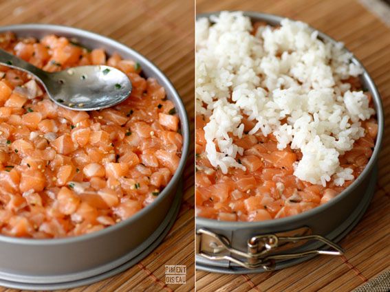 two pictures of food in tins with spoons and rice on the top one