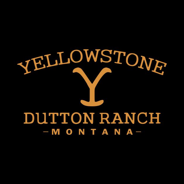 the yellow stone logo is shown on a black background, with gold lettering and an image of