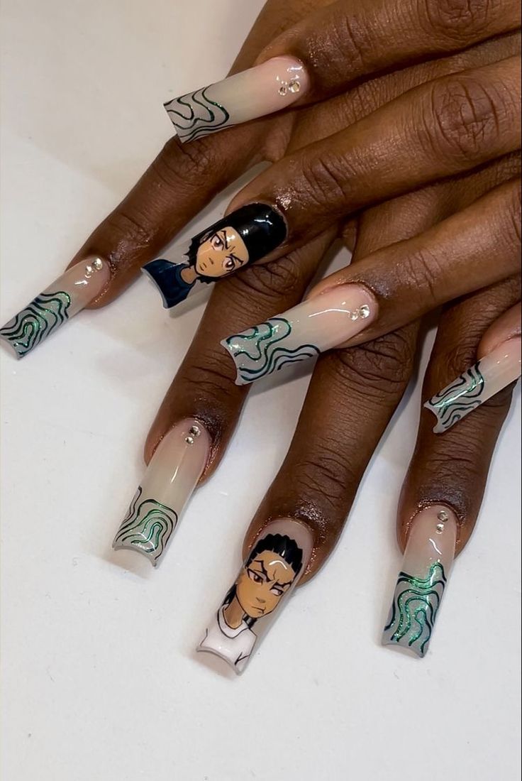 Cartoon Character Nail Designs, Boondocks Nail Art, Nail Art Designs Character, Boondocks Nails, Alien Nails Acrylic, Bratz Nails Acrylic, Character Art Nails, 2000 Inspired Nails, Nail Designs Cartoon