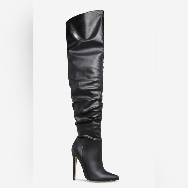 New Black Stiletto Boots Size 7.5 Material: Faux-Leather Calf Circumference: Reg: 16.5 Outside Heel Height: 4.75" Closure: Functional Zipper Sizing: Based On Size 6; Shaft Height & Calf Circumference Increases Or Decreases By 0.5" Per Whole Size. Shaft Height: 23.25" Elegant Fitted Synthetic Boots, Elegant Boots For Date Night In Fall, Elegant Fall Date Night Boots, Chic High Heel Faux Leather Boots, Elegant Synthetic Boots For Night Out, Elegant Synthetic Boots For Party, Elegant Fitted Synthetic Heeled Boots, Tall High Heel Boots For Night Out, Chic Winter Heels In Polyurethane