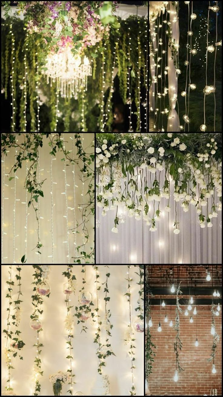 several pictures of flowers and lights hanging from the ceiling