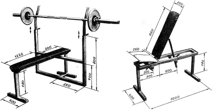 the weight bench is shown with measurements for it and has an overhead bar on one side