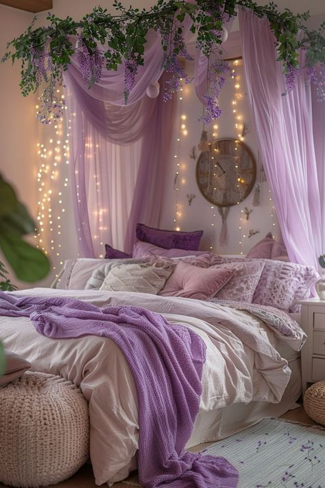 a bedroom decorated in pink and white with lights on the ceiling, bed covered in lavender colored linens