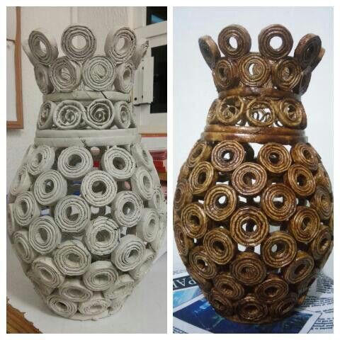 two vases made out of rolled up newspaper are shown in three different angles, one is brown and the other is white