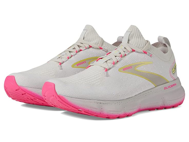 Brooks Glycerin StealthFit 20 - Women's Shoes : Grey/Yellow/Pink : Take on your next morning run in comfort and go the distance in the Brooks Glycerin StealthFit 20. Traditional lace-up closure offers a secure fit. Nitrogen-infused DNA LOFT v3, super soft cushioning optimized to be light weight, responsive, and durable with plush comfort. Fit Knit upper provides seamless structure and breathability that adapts to the movements of your foot. Round toe silhouette. Pull tab in back for easy on and off access. Removable insole. Branding on upper. Textile and synthetic upper. Textile lining and insole. Synthetic outsole. Imported. Measurements: Weight: 9 oz Product measurements were taken using size 9, width B - Medium. Please note that measurements may vary by size. Pink Casual Running Shoes With Arch Support, Pink Running Shoes With Arch Support For Marathon, Sporty Pink Sneakers With Arch Support, Pink Sporty Sneakers With Arch Support, Pink Sneakers With Arch Support For Spring, Pink Sports Sneakers With Arch Support, Pink Running Shoes With Arch Support For Errands, Pink Running Shoes With Arch Support For Jogging, Pink Athleisure Sneakers With Arch Support