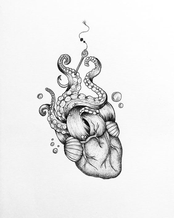 a drawing of an octopus in the shape of a human heart with bubbles coming out of it