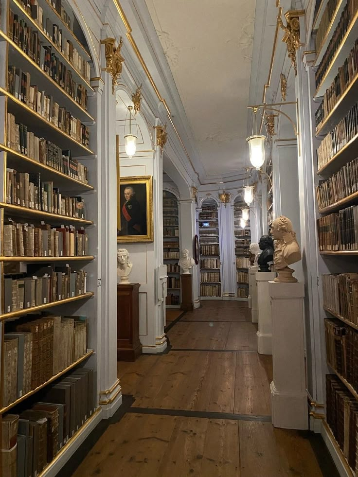 an empty library with many bookshelves and statues on either side of the room