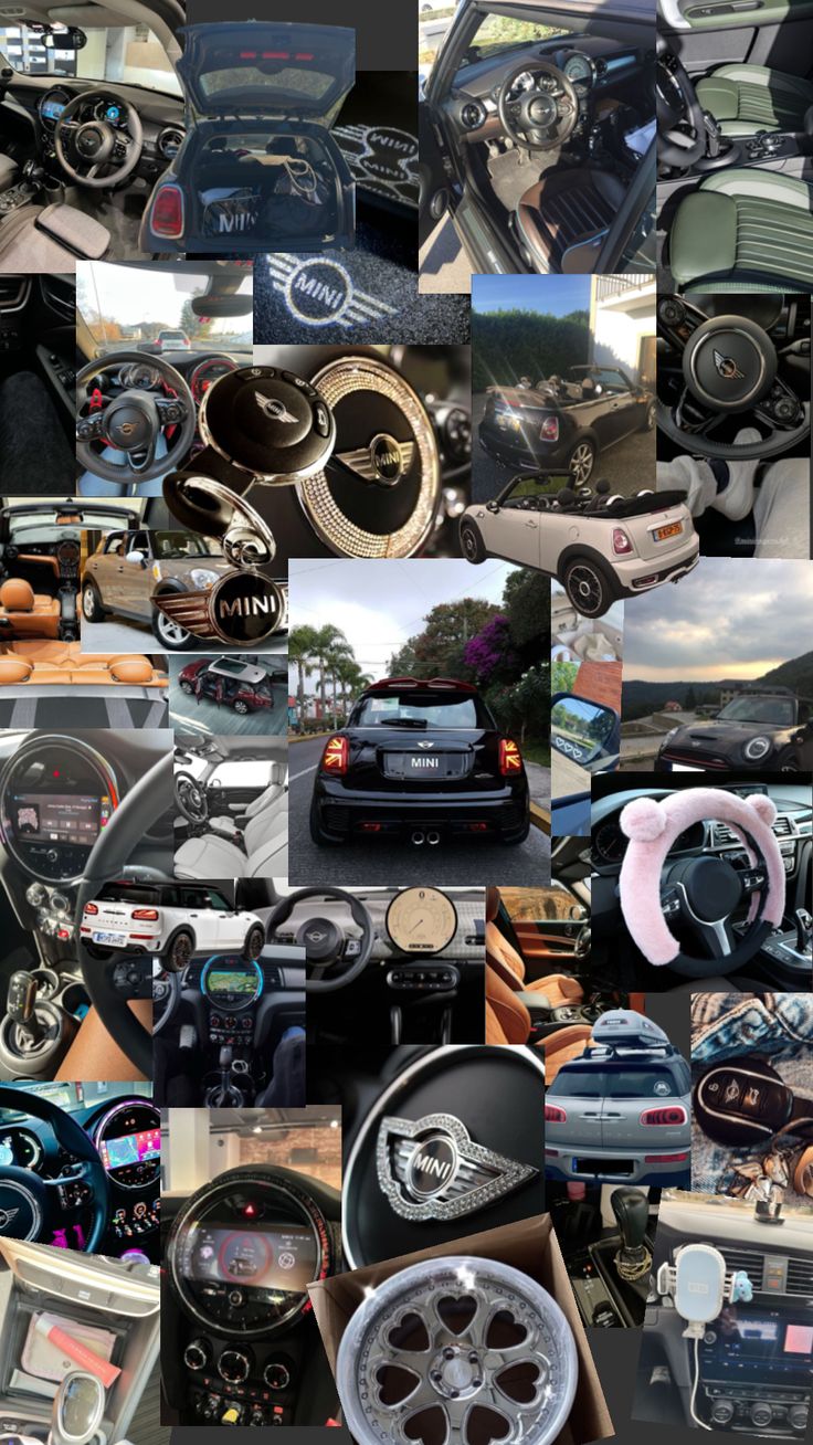 a collage of different types of cars and motorbikes in various pictures, including the steering wheel