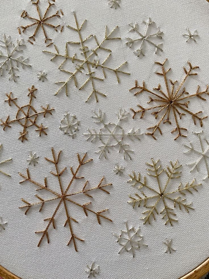 a close up of a embroidery with snowflakes on it