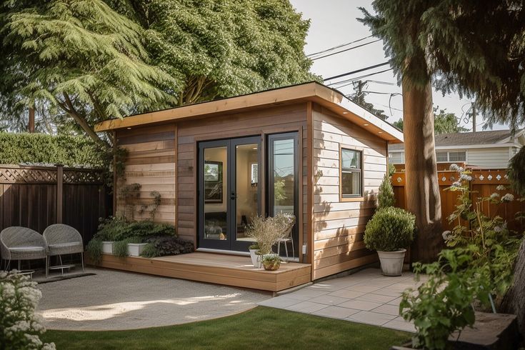 a small wooden house with patio and seating area in the back yard on a sunny day