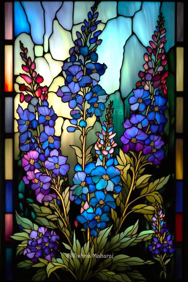 a stained glass window with purple flowers and green leaves in front of a blue sky