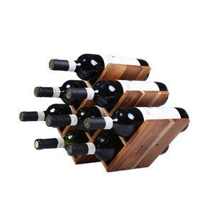 there are many bottles of wine in this wooden rack that is stacked on top of each other