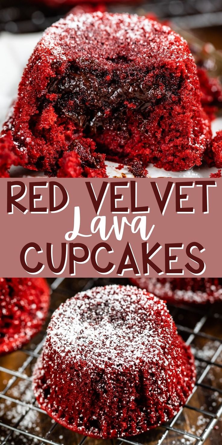 red velvet lava cupcakes on a cooling rack with powdered sugar over them