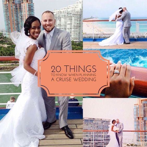 a couple posing for pictures on the deck of a cruise ship with their wedding photos