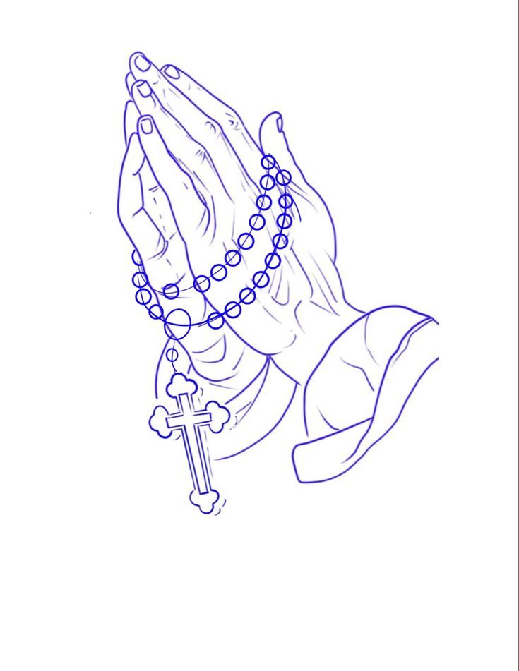 a drawing of a praying hands holding a rosary with a cross hanging from it's end