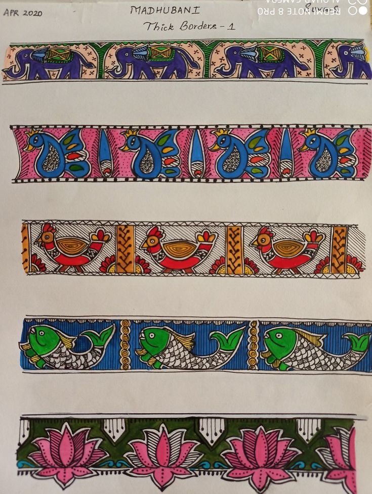 four different colored designs on white paper with black writing in the bottom right corner and below