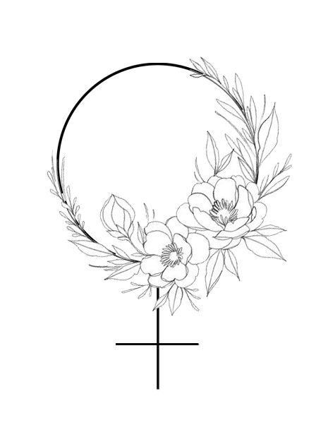 a cross with flowers on it and the letter o in the middle is drawn by hand