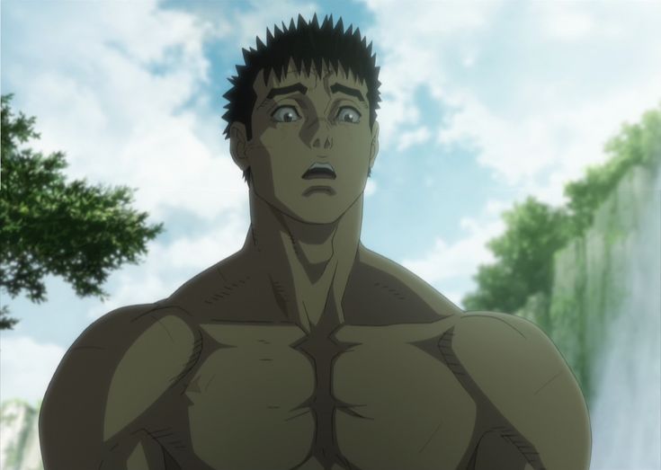 an anime character with muscular arms and chest, looking at the camera while standing in front of a waterfall