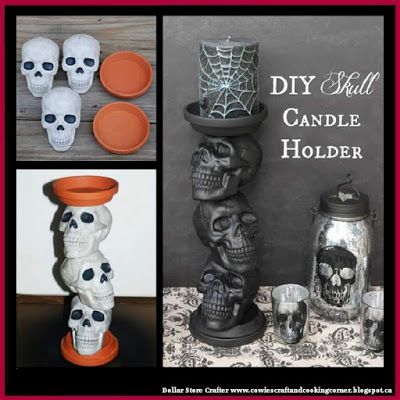 several different items are shown in this collage with the words diy skull candle holder