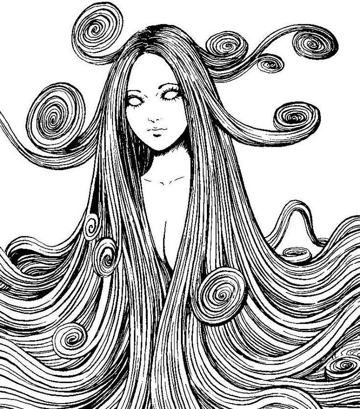 a drawing of a woman with long hair and swirls on her head, in black and white