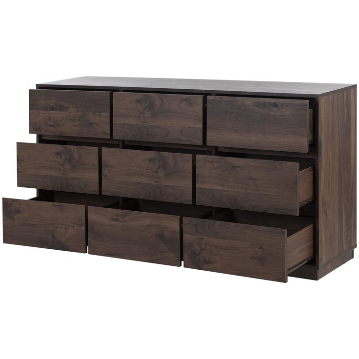 PRICES MAY VARY. The nine-drawer dresser comes in a dark walnut finish, offering an intricately finished and visible wood grain that lends heavily to a modern design style.The finish is easy to clean, stain, and scratch resistant making the nightstand an ideal choice for you. A modern spin on the classic bedroom dresser offers nine spacious drawers that open and close on smooth metal runners, perfect for storing the bulkiest denim and thickest sweaters, as well as extra bed sheets and household Beat Up Furniture, Ashdale 9-drawer Patina Dresser, Best Places To Buy Bedroom Furniture, Brown Ikea Bedroom Furniture, Cabinet Over Dresser, Dark Rustic Wood Bedroom Furniture, Grey Bed Wood Dresser, Grey Tone Bedroom Furniture, Upcyled Bedroom Furniture