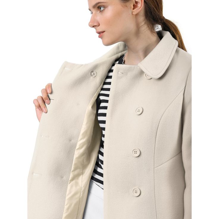 Timeless, sophisticated, and versatile, the regular-fit peacoat is an essential piece for your wardrobe. Cut in a short tailored silhouette with a doll collar, slanted pockets, and double-breasted front black buttons. Wear over chunky knitted jumpers and cute boots for a playful take on cold-weather textures. The fabric of this trench coat is soft, breathable, and comfortable to wear, good quality, and chic. Single-breasted Structured Outerwear, Elegant Collared Pea Coat For Work, Chic Structured Pea Coat With Button Closure, Chic Collared Outerwear For Office, Structured Wool Outerwear, Structured Career Outerwear With Double Button Closure, Tailored Beige Pea Coat With Lapel Collar, Cream Pea Coat With Double Button Closure For Work, Spring Career Outerwear With Double-breasted Button Fastening