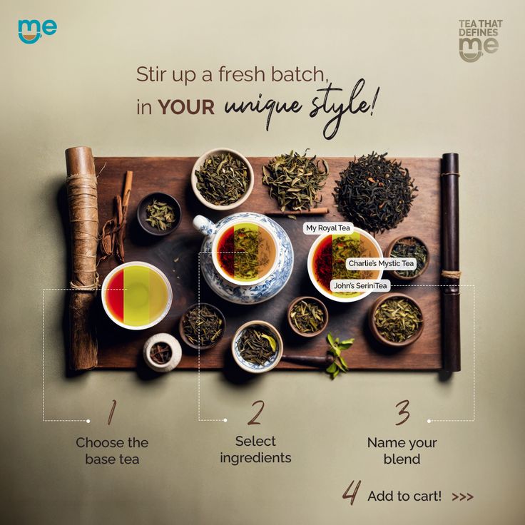 an overhead view of different types of teas on a wooden tray with instructions to use them