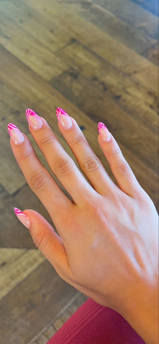 Hoco Nails 2023, Trendy Nails Ideas French Tip, Cute Simple Nails Almond Shape, Hoco Nails For Hot Pink Dress, Preppy Nails Short Easy, Pink Arclyc Nail Designs, Nail Designs With Tips, Colorful Prom Nails, Nails To Go With A Pink Dress