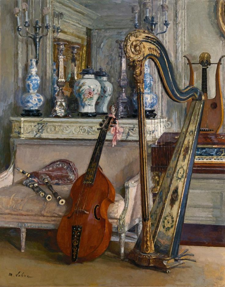 a painting of a musical instrument sitting in front of a piano