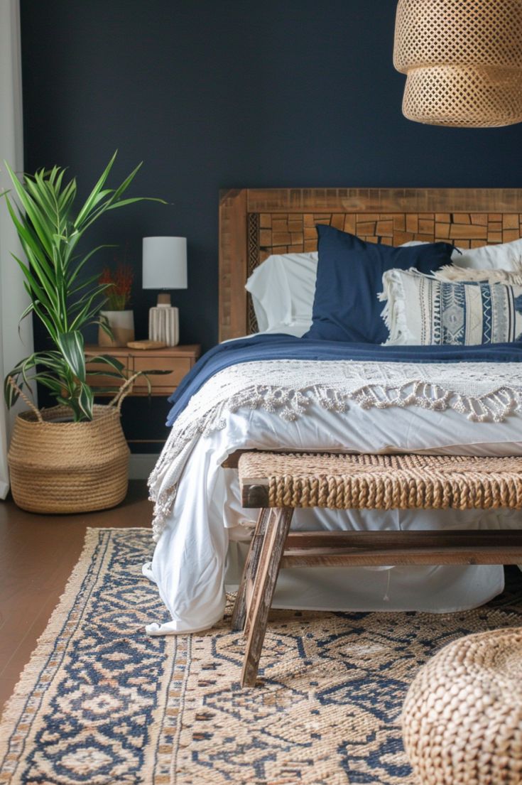 a bedroom with blue walls and white bedding, wicker furniture and rugs