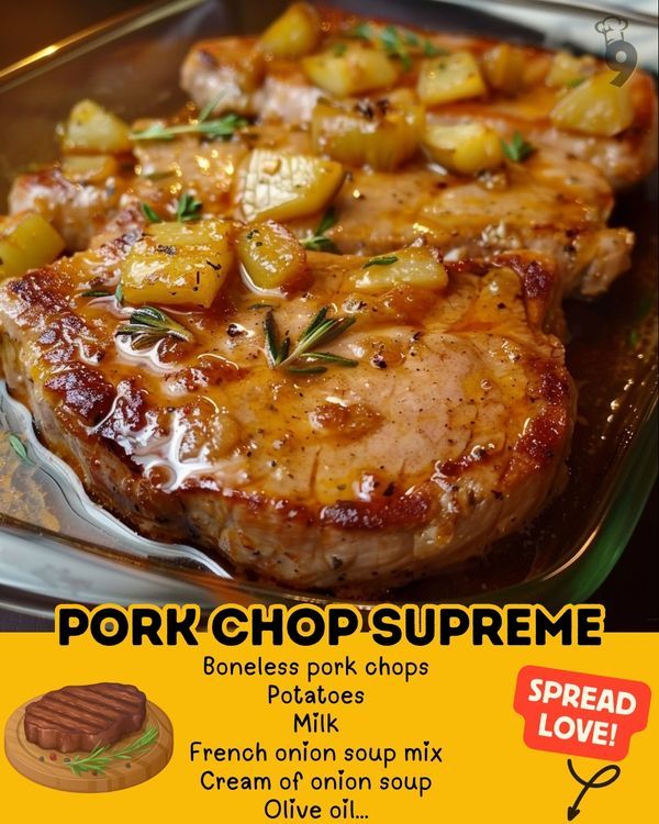 the advertisement for pork chops supreme is shown with potatoes and meat on it's side