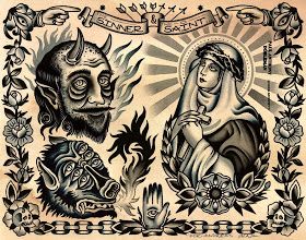 an old school tattoo design with the image of mary and jesus