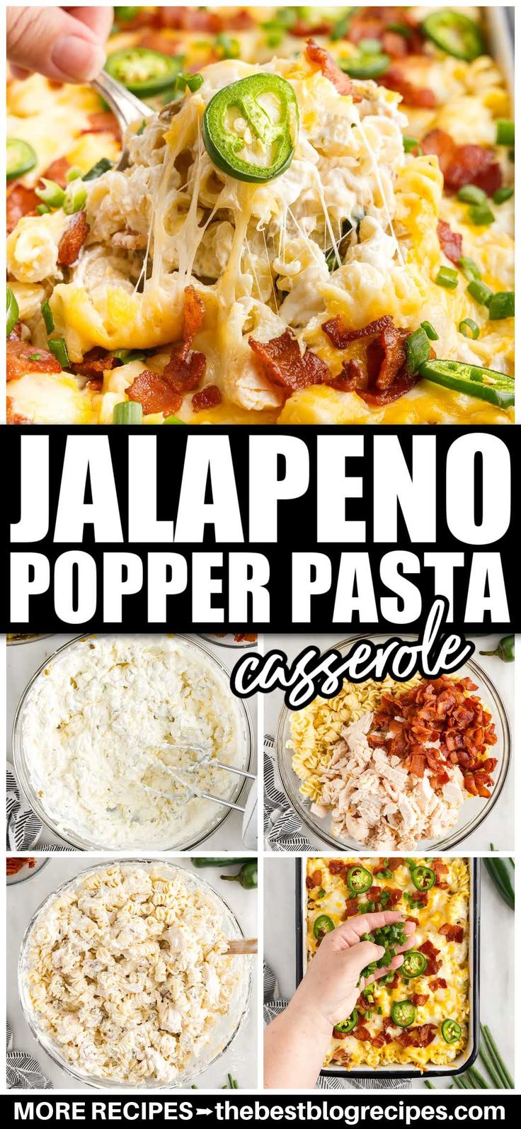 collage of jalapeno popper pasta casserole recipe