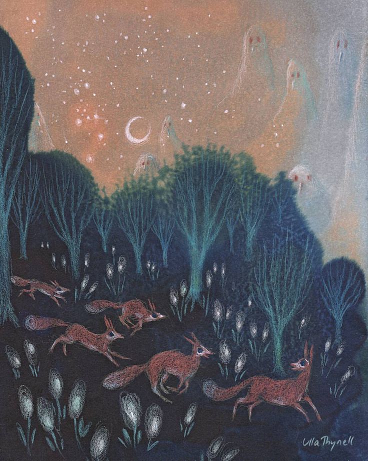 an image of a painting with animals running in the woods at night and stars above