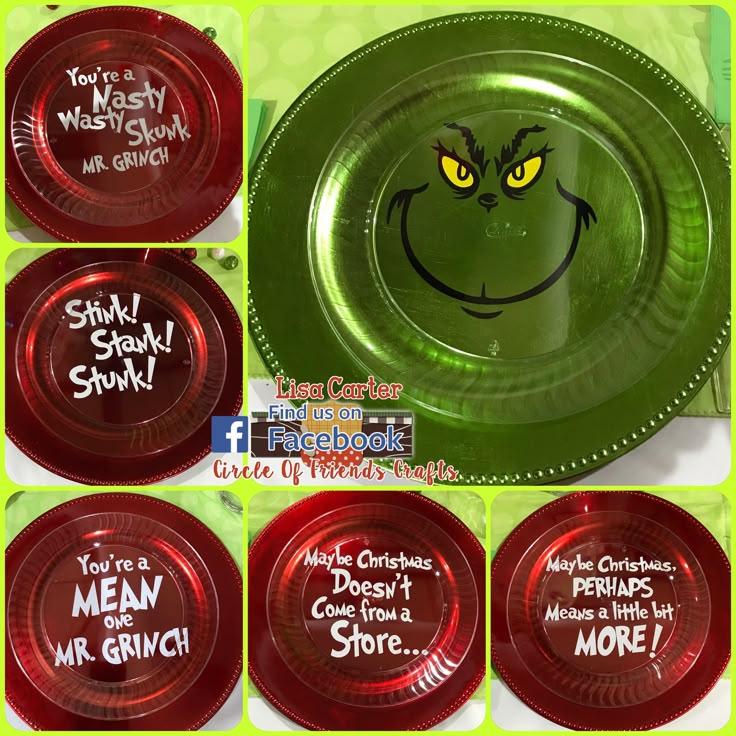 there are many plates with funny faces on them in different styles and colors, including one that says you're a messy mis - stooie mr grin