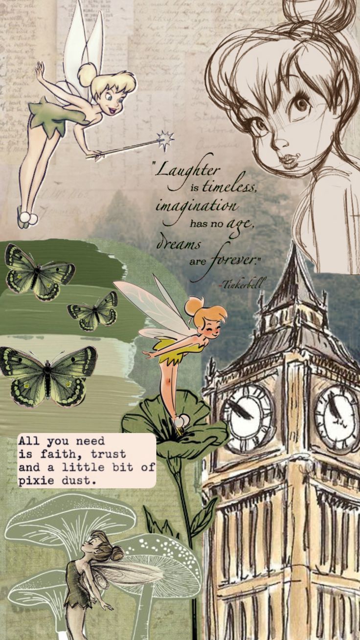 a collage of various images including a clock tower and tinkerbells on it