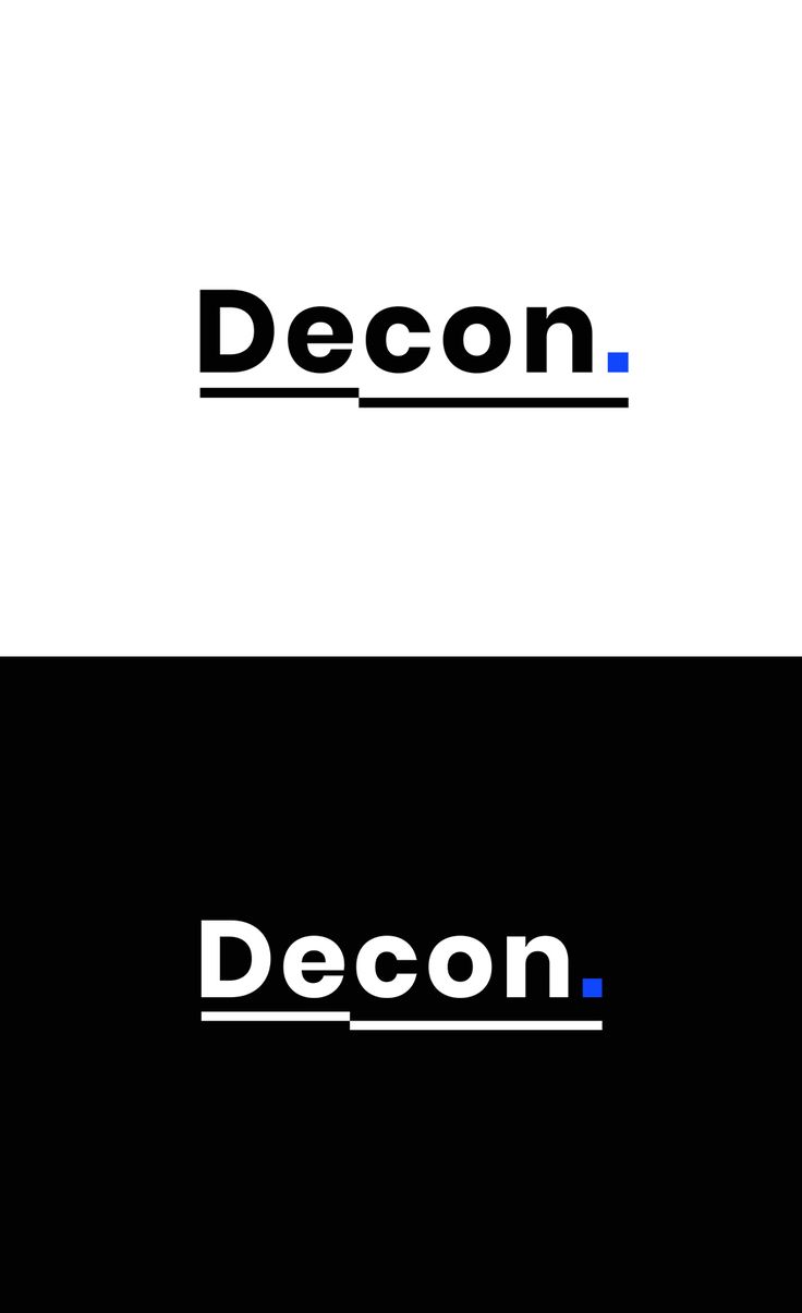 the logo for decon is black and white, with blue letters on it's side