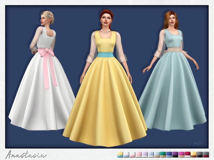 three different colored dresses with bows on the waist and shoulders, all in various colors