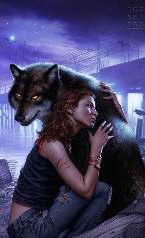 a painting of a woman hugging a wolf