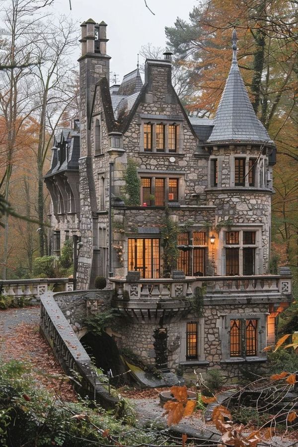 an old stone house in the woods with lots of trees and leaves on the ground